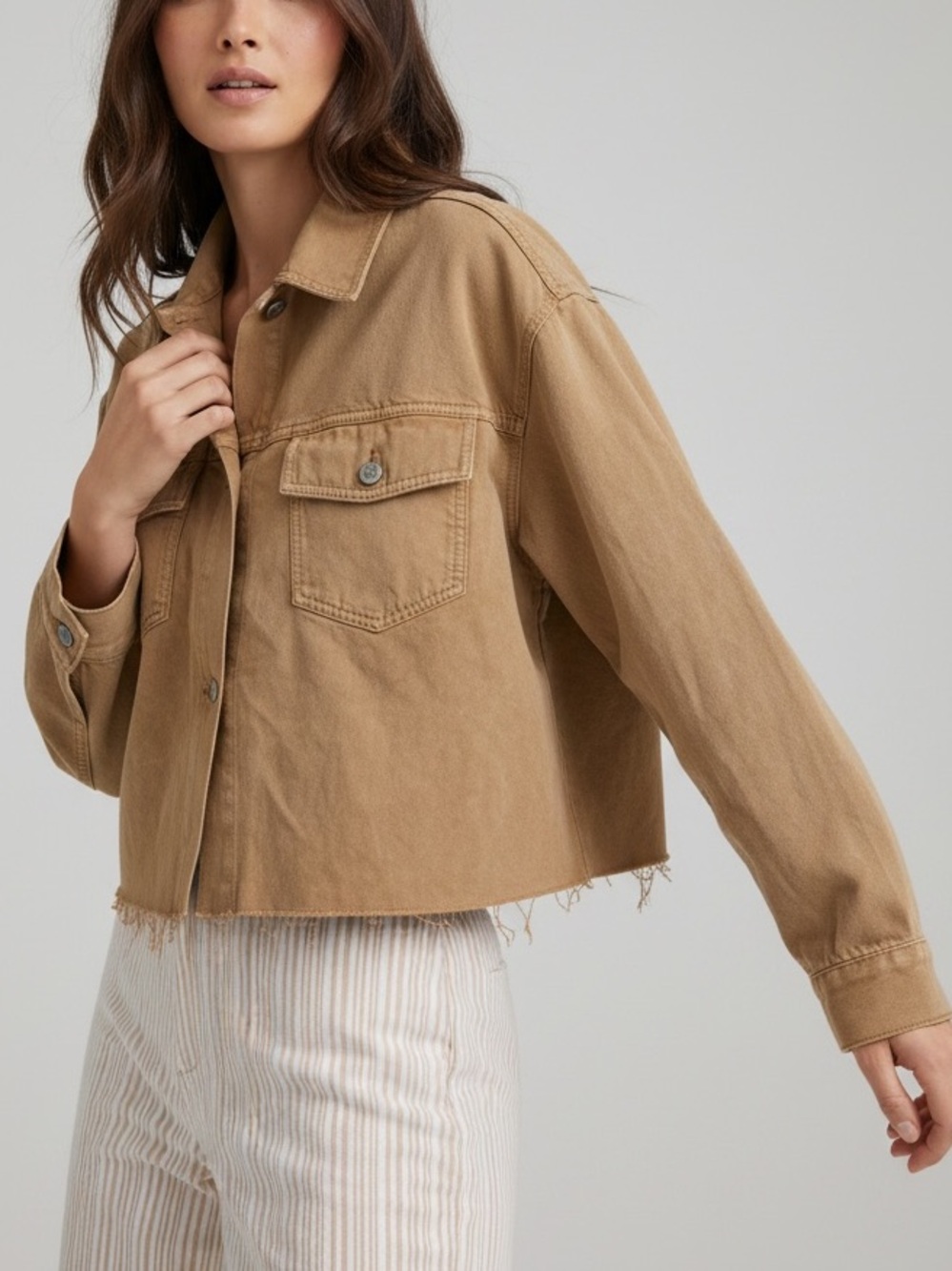 Loft Boxy Fit Denim Cotton Modal Two Button Raw Cutoff Hem Jacket Large